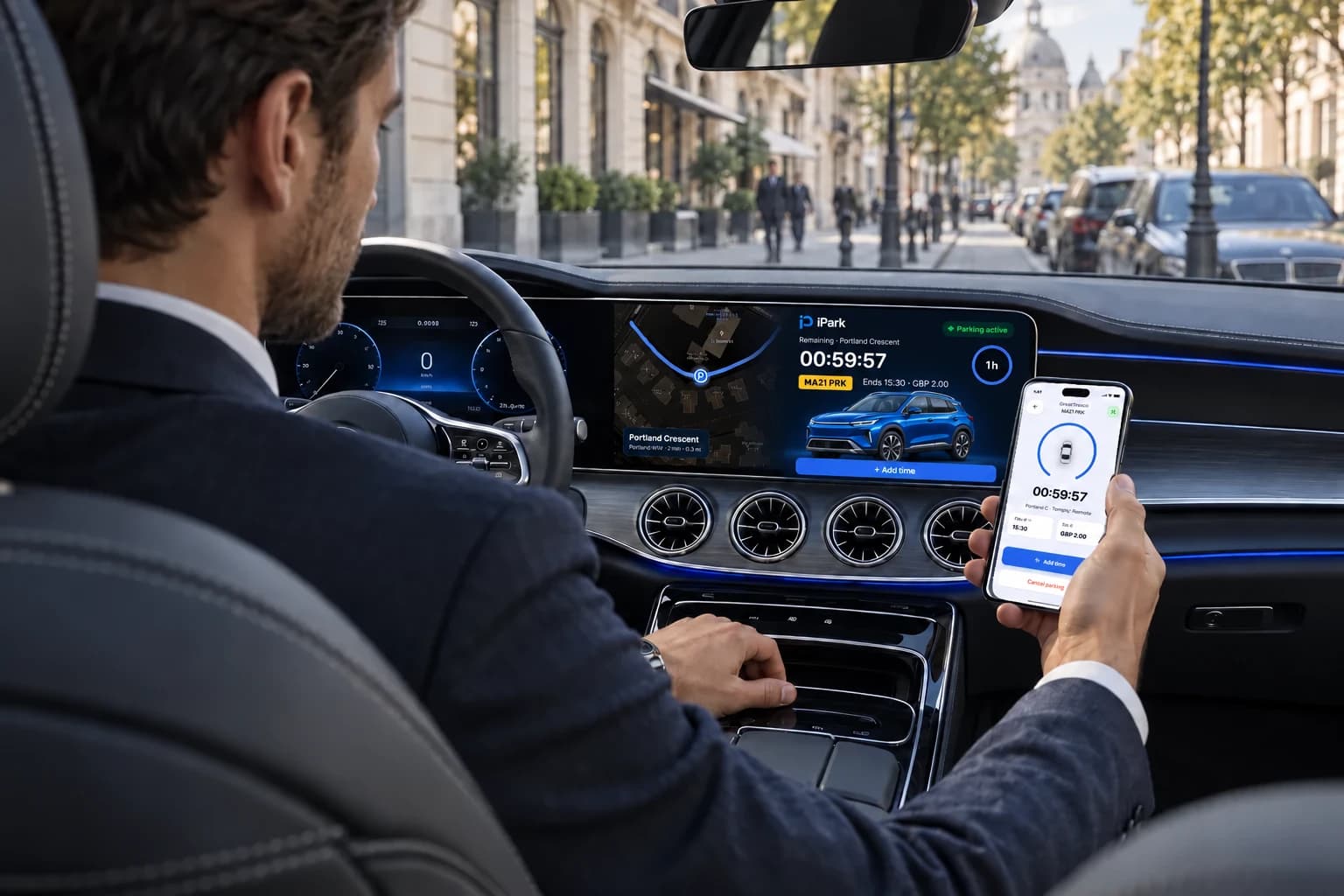 A driver parked on Portland Crescent sees an active IPark session with the time remaining on the dashboard display, while the phone in hand shows the same session in the IPark app.